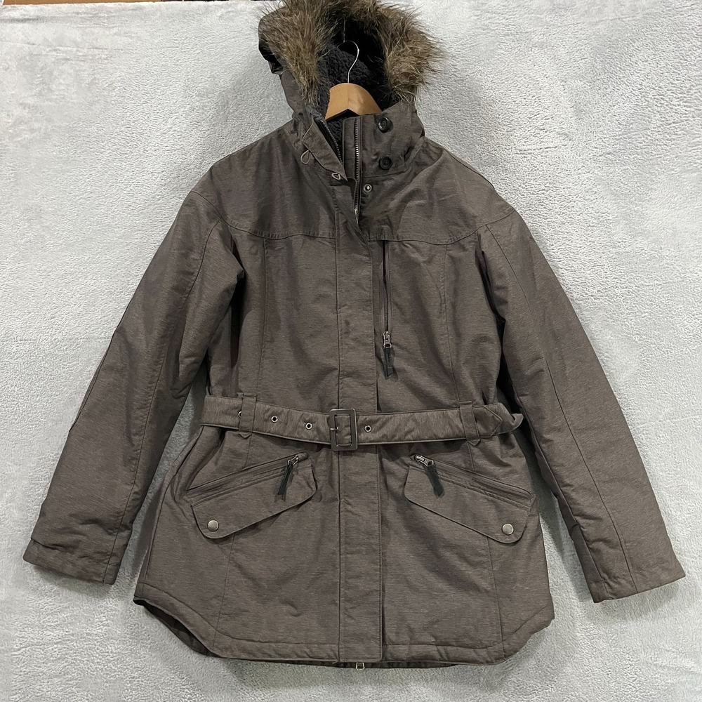 Columbia Carson Pass II Parka Jacket Womens Large Gray Faux Fur Removable Belt
